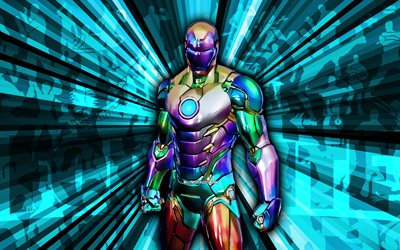 4k, holo folie iron man fortnite, blauer strahlenhintergrund, holo folie iron man haut, zusammenfassung kunst, holo folie iron man ripple skin, fortnite  charaktere, fortnite holo folieneisen mann, fortnite, kreative kunst