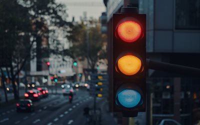 feu de circulation, 4k, rue, intersection, contrôle du trafic, objet de feux de circulation, contrôle des routes, organisation de circulation, feux de signalisation, voyant sur la route