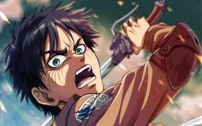 エレン・イーガー, 剣, shingeki no kyojin, 日本の漫画, 緑の目, 進撃の巨人, アニメキャラクター, 主人公, タイタンのキャラクターへの攻撃, タイタンに対するエレン・イーガーの攻撃