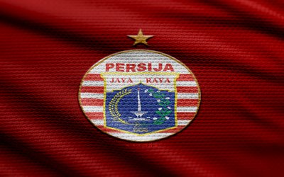 Persija Jakarta fabric logo, 4k, red fabric background, Liga 1 Indonesia, bokeh, soccer, Persija Jakarta logo, football, Persija Jakarta emblem, Persija Jakarta, Indonesian football club, Persija Jakarta FC