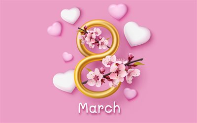 8 marzo pink back ground, fiori primaverili, 8 marzo cartolina di auguri, buon giorno delle donne, 8 marzo saluti