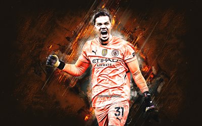 ederson, manchester city fc, brezilyalı futbolcu, kaleci, turuncu taş arka plan, grunge art, adam, premier lig, ingiltere, futbol, ederson santana de moraes, ederson manchester city