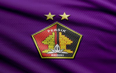 Persik Kediri fabric logo, 4k, violet fabric background, Liga 1 Indonesia, bokeh, soccer, Persik Kediri logo, football, Persik Kediri emblem, Persik Kediri, Indonesian football club, Persik Kediri FC