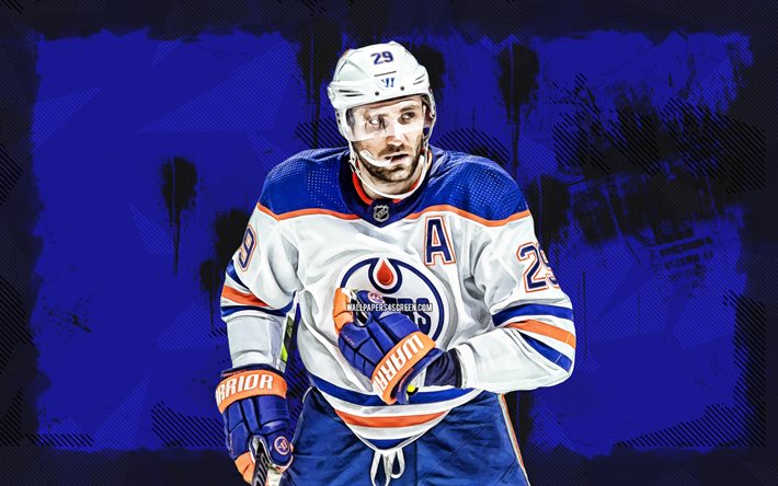 4k, レオン・ドレイサイトル, 青いグランジの背景, nhl, エドモントンオイラーズ, ドイツのホッケー選手, leon draisaitl 4k, ホッケー, ナショナルホッケーリーグ, レオン・ドレイサイトル・エドモントン・オイラーズ