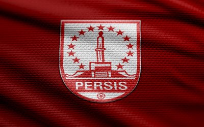 Persis Solo fabric logo, 4k, red fabric background, Liga 1 Indonesia, bokeh, soccer, Persis Solo logo, football, Persis Solo emblem, Persis Solo, Indonesian football club, Persis Solo FC