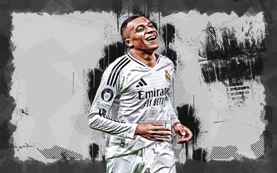 4k, Kylian Mbappe, white grunge background, La Liga, Real Madrid FC, French footballers, Kylian Mbappe 4k, football, soccer, LaLiga, Real Madrid CF, Kylian Mbappe Real Madrid