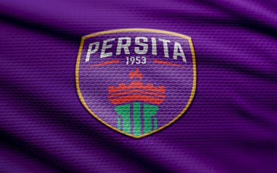 Persita Tangerang fabric logo, 4k, violet fabric background, Liga 1 Indonesia, bokeh, soccer, Persita Tangerang logo, football, Persita Tangerang emblem, Persita Tangerang, Indonesian football club, Persita Tangerang FC