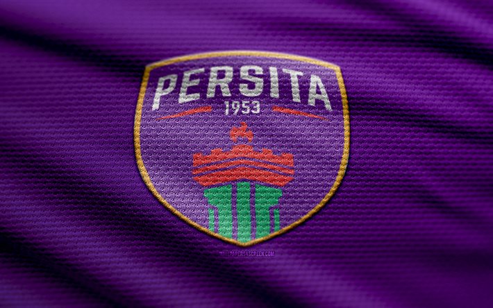 Persita Tangerang fabric logo, 4k, violet fabric background, Liga 1 Indonesia, bokeh, soccer, Persita Tangerang logo, football, Persita Tangerang emblem, Persita Tangerang, Indonesian football club, Persita Tangerang FC