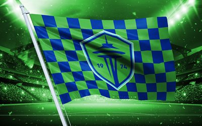 4k, Seattle Sounders FC logo, American football club, stadium flag, Seattle Sounders FC fans flag, blue green flag, Seattle Sounders FC emblem, MLS, USA, soccer, football, Seattle Sounders