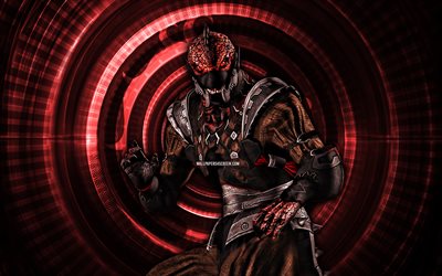 Saurian, 4k, red spiral background, Mortal Kombat Mobile, creative, Mortal Kombat, Saurian MK Mobile, Mortal Kombat characters