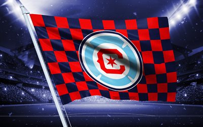 4k, Chicago Fire FC logo, American football club, stadium flag, Chicago Fire FC fans flag, red black flag, Chicago Fire FC emblem, MLS, USA, soccer, football, Chicago Fire