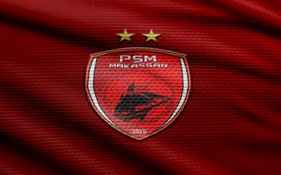 PSM Makassar fabric logo, 4k, red fabric background, Liga 1 Indonesia, bokeh, soccer, PSM Makassar logo, football, PSM Makassar emblem, PSM Makassar, Indonesian football club, PSM Makassar FC