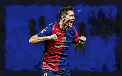 4k, robert lewandowski, mavi grunge arka plan, fc barcelona, la liga, polonyalı futbolcular, robert lewandowski 4k, futbol, barcelona fc, laliga, fcb, robert lewandowski barcelona