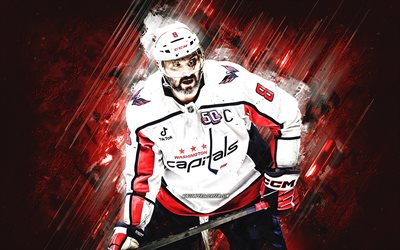 Alexander Ovechkin, Washington Capitals, Russian hockey player, red stone background, grunge art, NHL, USA, hockey, Alex Ovechkin