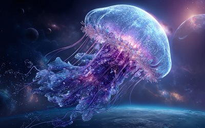 4k, قنديل البحر في المجرة, فن الخيال, قناديل البحر النيون, متوهجة قنديل البحر, galaxy, قنديل البحر في السماء, قناديل البحر الإبداعية, قناديل البحر النيون المتوهجة الأرجواني, قنديل البحر الخيال