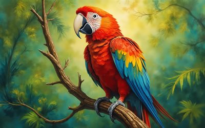 4k, scharlachroter ara, kunstwerk, tierwelt, dschungel, roter papagei, ara macau, rot grüner ara, papagei auf ast, bunte vögel, papageien, ara, roter ara