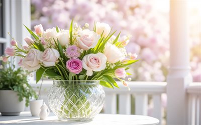 bouquet de roses et de tulipes, bouquet de printemps, 4k, roses blanches, printemps, bouquet dans un vase en cristal, tulipes roses, bouquet de roses, fleurs de printemps, roses, tulipes