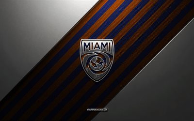 Miami FC logo, 4k, steel background, American soccer club, orange blue lines, Miami FC emblem, USL, soccer player, Miami FC, USA, Miami FC metal logo, Miami FC crest