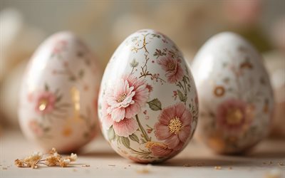 frohe ostern, 4k, eier mit blumenmuster, ostern, bemalte eier, osterdekorationen, ostern 2026, osterkonzepte