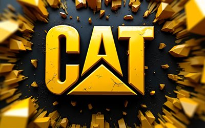 4k, caterpillarin 3d logo, luova, keltamusta 3d tausta, tuotemerkit, rakennuslaitteet, caterpillarin logo, taideteoksia, toukka, cat logo, kissa