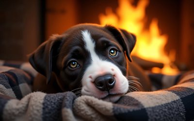 cachorro pitbull americano, 4k, bokeh, hogar, animales lindos, manta a cuadros, de cerca, cachorros, perros, bozal, pitbull americano, mascotas, perro en manta, perro pitbull americano