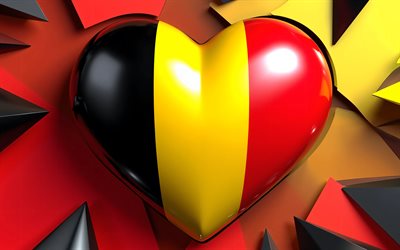4k, I Love Belgium, geometric art, colorful 3D background, creative, Day of Belgium, flag of Belgium, heart with Belgian flag, artwork, 3D hearts, Belgian flag, Belgium, Love for Belgium