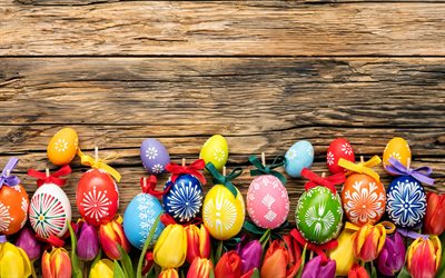 Feliz Pascua, huevos de Pascua, tablones de madera, fondo de madera, decoraciones de Pascua