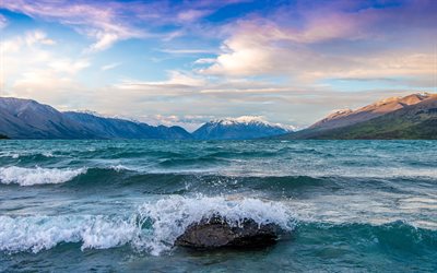 Lago di Ohau, costa, le onde, Isola del Sud, Nuova Zelanda
