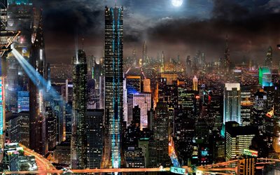 Asia, paisaje nocturno, los rascacielos, los edificios, la luna
