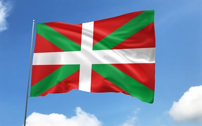 drapeau de la campagne basque sur le mât, 4k, communautés espagnoles, ciel bleu, drapeau du pays basque, drapeaux satin ondulés, drapeau de campagne basque, communautés d'espagne, mât avec drapeau, jour du pays basque, espagne, pays basque