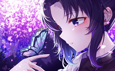 忍kocho, 4k, 春, kimetsu no yaiba, 青い蝶, 着物, 漫画, 主人公, ムイチロ, 小川忍, 鬼滅の刃, 忍kocho yaiba