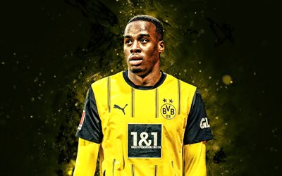 Jamie Bynoe-Gittens, 4k, yellow neon lights, Borussia Dortmund, Bundesliga, English footballers, Jamie Bynoe-Gittens 4K, football, soccer, BVB, BV Borussia 09 Dortmund, Jamie Gittens, Borussia Dortmund FC, Jamie Bynoe-Gittens Borussia Dortmund