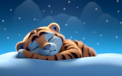 tigre endormi, 4k, animaux mignons, hiver, animaux de compagnie, animaux sauvages, tiger bébé mignon, tiger de dessin animé, animaux de dessins animés, tigres