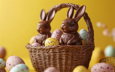 bunnies di pasqua al cioccolato, dolci pasquali, buona pasqua, bunnies in un cestino, coniglietti al cioccolato, sfondo di pasqua, uova di pasqua