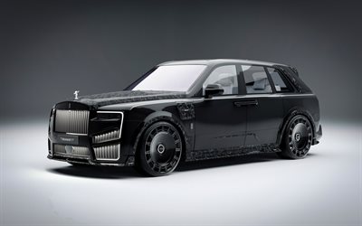 mansory rolls royce cullinan, 4k, stimmung, 2024 autos, luxusautos, suvs, 2024 rolls royce cullinan, mansory, black rolls royce cullinan, britische autos, rolls royce