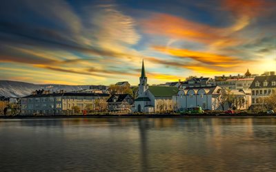 reykjavik, sera, tramonto, capitale dell'islanda, paesaggio urbano di reykjavik, reykjavik skyline, islanda