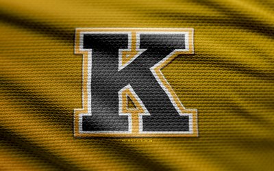 Kingston Frontenacs fabric logo, 4k, yellow fabric background, OHL, bokeh, hockey, Kingston Frontenacs logo, Kingston Frontenacs emblem, canadian hockey club, Kingston Frontenacs