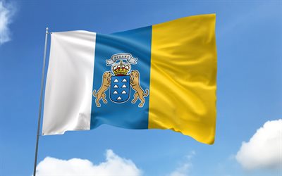 flag des îles canaries sur le mât, 4k, communautés espagnoles, ciel bleu, drapeau des îles canaries, drapeaux satin ondulés, communautés d'espagne, mât avec drapeau, jour des îles canaries, espagne, îles canaries
