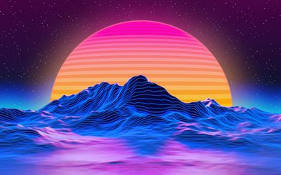 4k, gradient moon, mountains, abstract landscapes, creative, abstract nightscapes, retrowave, artwork, moon