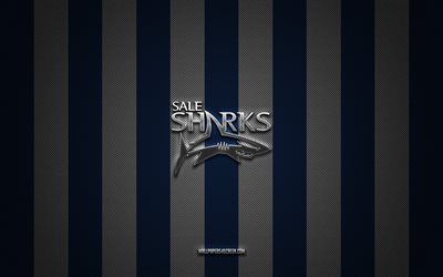 logotipo de sale sharks, club de unión de rugby inglés, rugby de la premier league, fondo de carbón blanco azul, emblema de tiburones de venta, sindicato de rugby, tiburones de venta, inglaterra