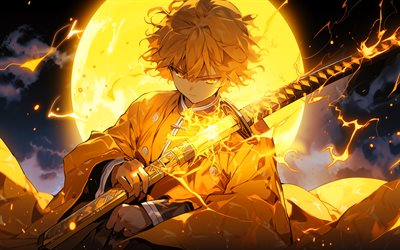 4k, zenitsu agatsuma, 月, 戦士, kimetsu no yaiba, 着物, 漫画, 剣, 主人公, 照明, アートワーク, 鬼滅の刃, ゼニツ, zenitsu agatsuma kimetsu no yaiba