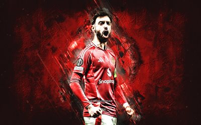 bruno fernandes, manchester united fc, portekizli futbolcu, kırmızı taş arka plan, grunge art, premier lig, ingiltere, futbol, bruno fernandes manchester united