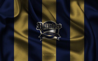 4k, Orix Buffaloes logo, blue gold silk fabric, Japanese baseball team, Orix Buffaloes emblem, Nippon Professional Baseball, Orix Buffaloes, Japan, baseball, NPB