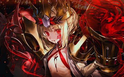 bête vi s, flammes de feu, lune, manga, yeux rouges, fate grand order arcade, sabre sab, charcateurs d'anime, sabre, fate supplémentaire
