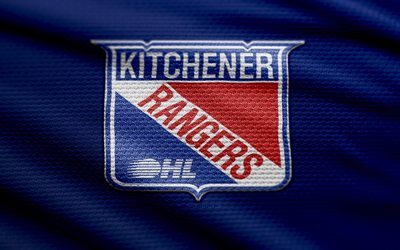 Kitchener Rangers fabric logo, 4k, blue fabric background, OHL, bokeh, hockey, Kitchener Rangers logo, Kitchener Rangers emblem, canadian hockey club, Kitchener Rangers