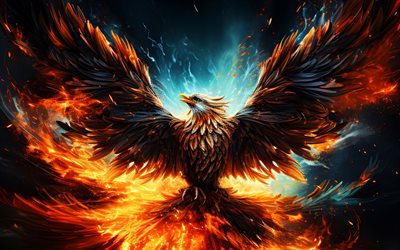 4k, ファイアイーグル, 獲物の鳥, ファンタジーアート, イーグルルック, アメリカのシンボル, 白頭ワシ, 美しい鳥, 火の鳥, イーグルス, 略奪的な鳥