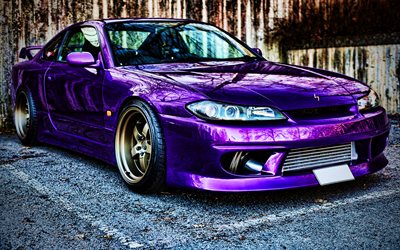 Nissan Silvia, S15, HDR, 1999 cars, supercars, tuning Silvia S15, Violet Nissan Silvia, japanese sports cars, 1999 Nissan Silvia, violet sports car, tuning, parking, Nissan
