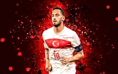 Hakan Calhanoglu, 4k, red neon lights, Turkey national football team, Turkey, Turkish footballers, Hakan Calhanoglu 4K, football, soccer, national teams, Hakan Calhanoglu Turkey Team