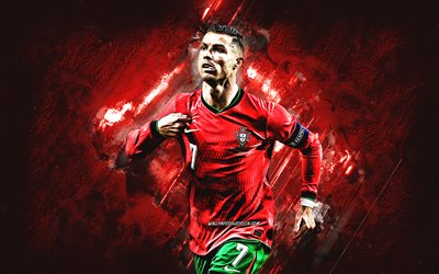 cristiano ronaldo, portekiz ulusal futbol takımı, portekizli futbolcu, kırmızı taş arka plan, grunge art, portekiz, cr7, cristiano ronaldo dos santos aveiro, cristiano ronaldo portekiz