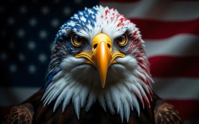 4k, águila calva, bandera de estados unidos, mirada depredadora, aves de presa, símbolo de los eeuu, arte del águila calva, bandera americana, 4 de julio, obra de arte, águilas, eeuu, cuatro de julio, arte 3d